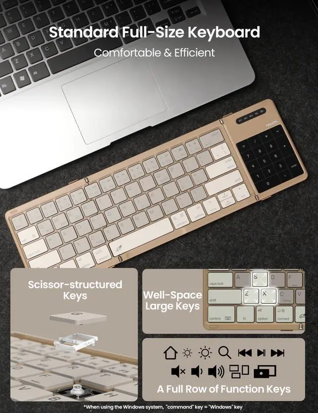 Alt view image 3 of 5 - Nillkin Foldable Travel Keyboard with Touchpad & Number Pad, Bluetooth Wireless Portable Folding Full Size Keyboard with Trackpad for PC Laptop iPad Tablets Smartphone, Silicone Leather Cover, Khaki