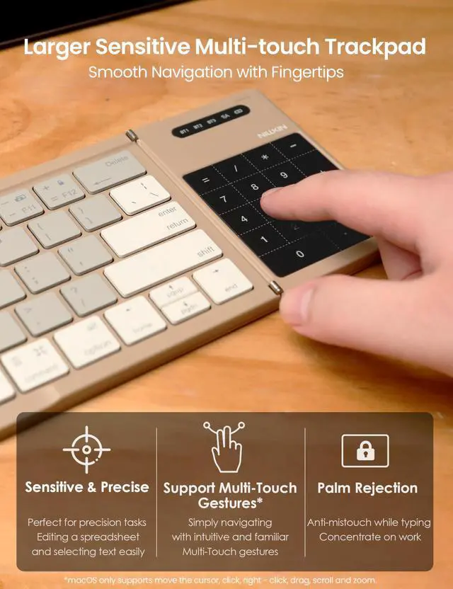 Alt view image 4 of 5 - Nillkin Foldable Travel Keyboard with Touchpad & Number Pad, Bluetooth Wireless Portable Folding Full Size Keyboard with Trackpad for PC Laptop iPad Tablets Smartphone, Silicone Leather Cover, Khaki