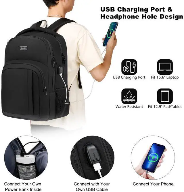 Alt view image 2 of 5 - YIORMIOR School Backpack for Teen Boys, 15.6 Inch Anti Theft Laptop Bookbag with USB Charging Port, Water Resistant College - Travel Backpack Ergonomic, Fits Notebook, Men Women