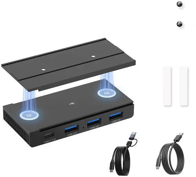 Main image of EJAY 4-Port Magnetic USB Hub, 3 USB 3.0 + 1 Type C Port, 5Gbps Data Transfer, Includes Sliding Rail, Screws and Sticky Pads, Compatible with MacBook, Laptop, PC, Black