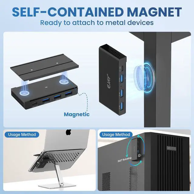 Alt view image 2 of 5 - EJAY 4-Port Magnetic USB Hub, 3 USB 3.0 + 1 Type C Port, 5Gbps Data Transfer, Includes Sliding Rail, Screws and Sticky Pads, Compatible with MacBook, Laptop, PC, Black