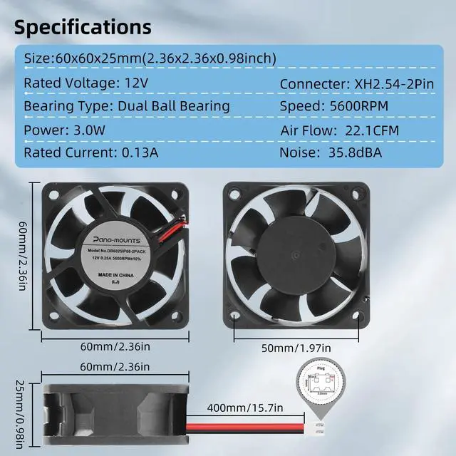 Alt view image 3 of 5 - 60mm 12V DC Waterproof IP68 Dual Ball High-Speed Computer Cooling Fan for Car Amplifier, Electronics Devices and Cabinet Ventilation - 60x60x25mm 5600RPM 2-Pack