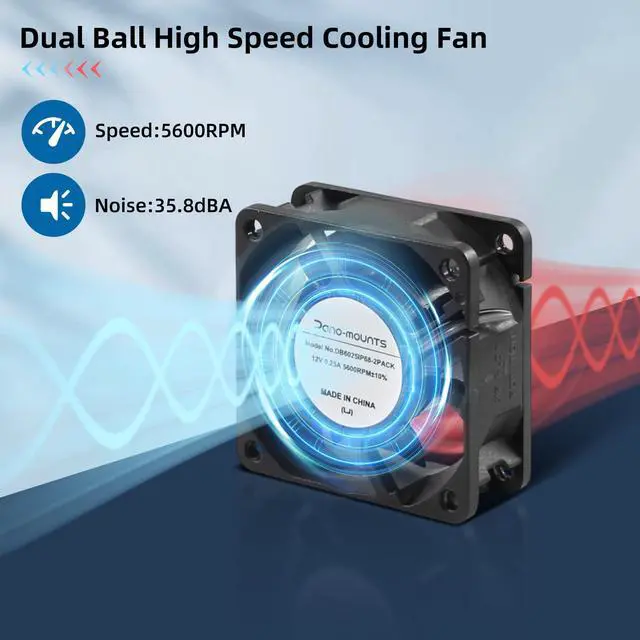Alt view image 5 of 5 - 60mm 12V DC Waterproof IP68 Dual Ball High-Speed Computer Cooling Fan for Car Amplifier, Electronics Devices and Cabinet Ventilation - 60x60x25mm 5600RPM 2-Pack
