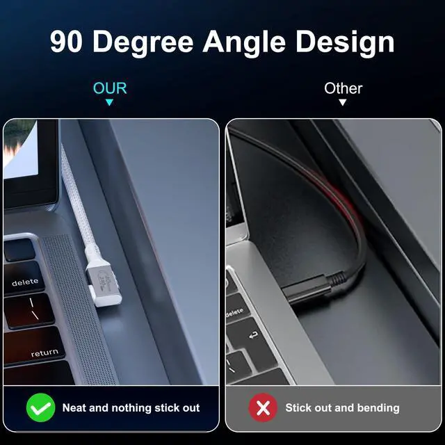 Alt view image 3 of 5 - HOTUTUKI White Thunderbolt 4 Cable Long, Right Angle USB 4 Cable 90 Degree, 240W USB c Cable 40gbps Data Transfer, 8K@60Hz Display, Compatible with Docks eGPU Hub 6.6ft/2M