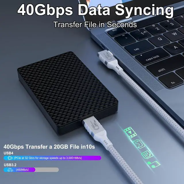 Alt view image 4 of 5 - HOTUTUKI White Thunderbolt 4 Cable Long, Right Angle USB 4 Cable 90 Degree, 240W USB c Cable 40gbps Data Transfer, 8K@60Hz Display, Compatible with Docks eGPU Hub 6.6ft/2M