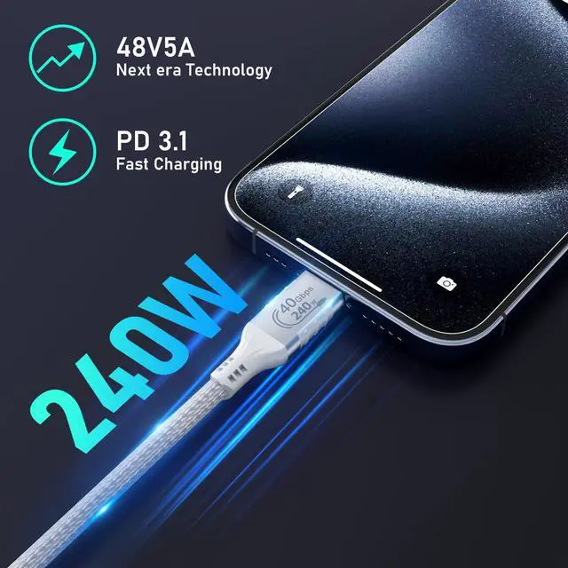 Alt view image 5 of 5 - HOTUTUKI White Thunderbolt 4 Cable Long, Right Angle USB 4 Cable 90 Degree, 240W USB c Cable 40gbps Data Transfer, 8K@60Hz Display, Compatible with Docks eGPU Hub 6.6ft/2M