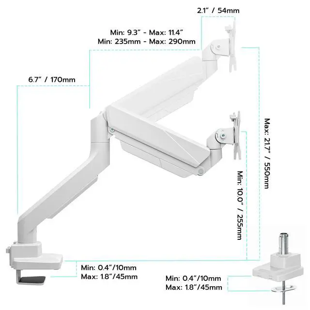 Alt view image 2 of 5 - ARES WING Ultrawide Monitor Arm, Heavy Duty Single Monitor Mount for 13"-49" Curved Screens, Adjustable Stand for Desk with C-clamp & Grommet Base up to 40 LBS, White