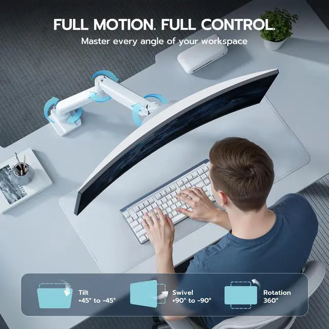 Alt view image 5 of 5 - ARES WING Ultrawide Monitor Arm, Heavy Duty Single Monitor Mount for 13"-49" Curved Screens, Adjustable Stand for Desk with C-clamp & Grommet Base up to 40 LBS, White