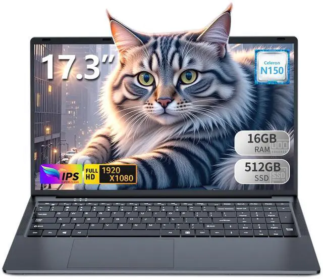 Main image of 2025 17.3 Inch Laptop, 16GB DDR4 512GB SSD Gaming Laptop, Celeron N150 (4C/4T, Up to 3.6GHz) Laptop Computer, WiFi 5 BT 4.2, Backlit Keyboard, 6Hr Battery, USB 3.0, HDMI, Win 11 Pro Business Laptop