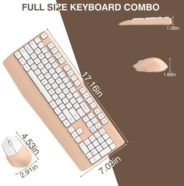 Alt view image 3 of 5 - Links9+ Wireless Keyboard and Mouse Combo, Full-Sized 104 Keys 2.4GHz Wireless Keyboard with Palm Rest and Wireless Mouse for Windows, Mac OS PC/Computer/Laptops/Desktops(Milk Tea)