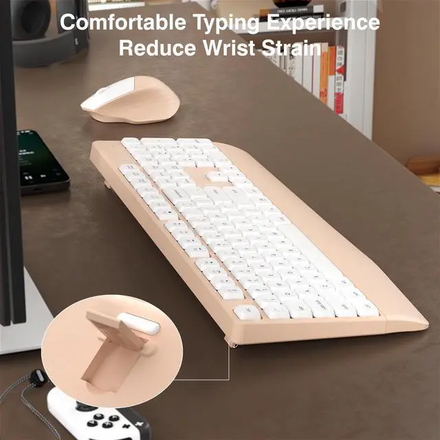 Alt view image 5 of 5 - Links9+ Wireless Keyboard and Mouse Combo, Full-Sized 104 Keys 2.4GHz Wireless Keyboard with Palm Rest and Wireless Mouse for Windows, Mac OS PC/Computer/Laptops/Desktops(Milk Tea)