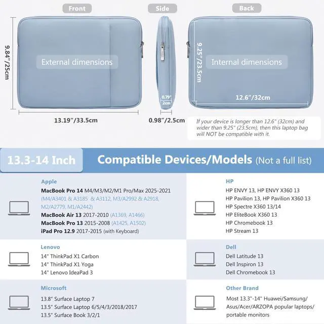 Alt view image 3 of 5 - HYZUO 13.3-14 Inch Laptop Sleeve Bag Set for MacBook Pro 14 M4/M3/M2/M1, MacBook Air/Pro 13.3, 13.5"/13.8" Surface Book/Laptop, Notebook Case for 13.3" HP Dell Lenovo Asus Acer, Pale Blue