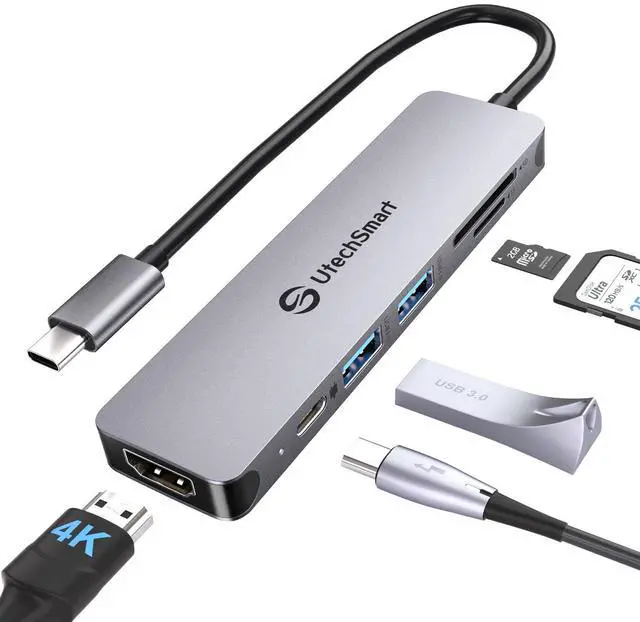 Main image of UtechSmart 6-in-1 USB-C Hub, 4K@60Hz HDMI Adapter for MacBook Pro/Air, Type-C Laptop Dongle (100W PD Port, SD/TF Card Reader, 2 USB 3.0 Ports)