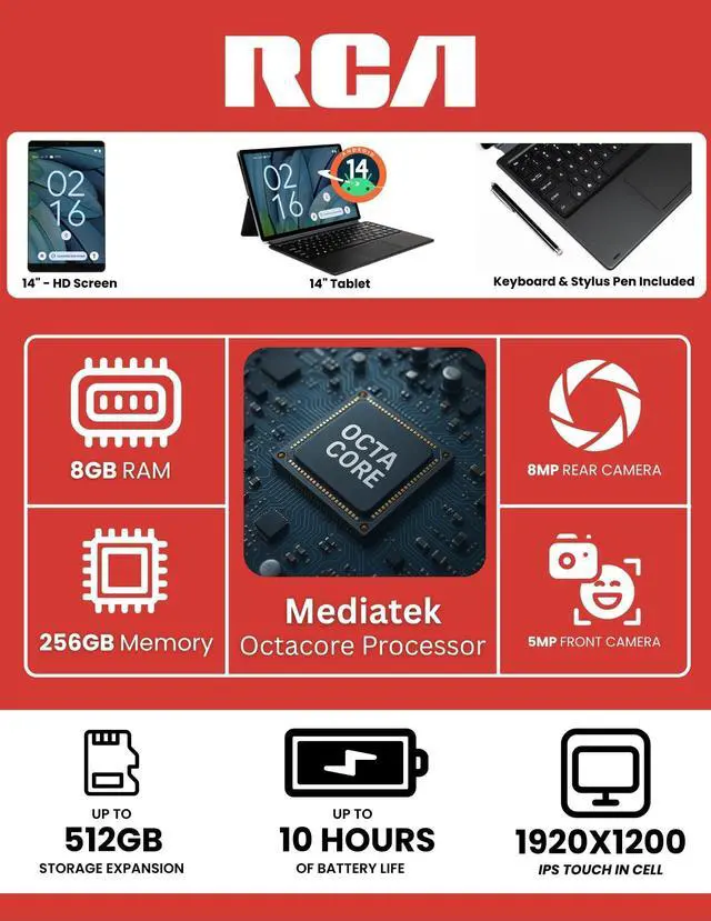 Alt view image 2 of 5 - RCA 14 Tablet MediaTek MT8781/G99, Octa Core, 8GB Memory 256GB Storage, 5 MP Front Camera, 8 MP Rear Camera, Android 14