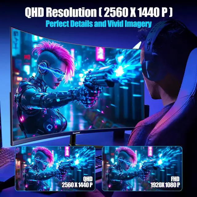 Alt view image 2 of 5 - Gawfolk 27 Inch Gaming Curved Monitor, 180Hz QHD 2560x1440p PC Monitor with AMD FreeSync, Flicker-Free, HDMI 2.0, DP 1.4, Ultra-Thin Frameless 2K Computer Screen