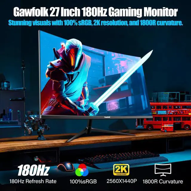 Alt view image 4 of 5 - Gawfolk 27 Inch Gaming Curved Monitor, 180Hz QHD 2560x1440p PC Monitor with AMD FreeSync, Flicker-Free, HDMI 2.0, DP 1.4, Ultra-Thin Frameless 2K Computer Screen