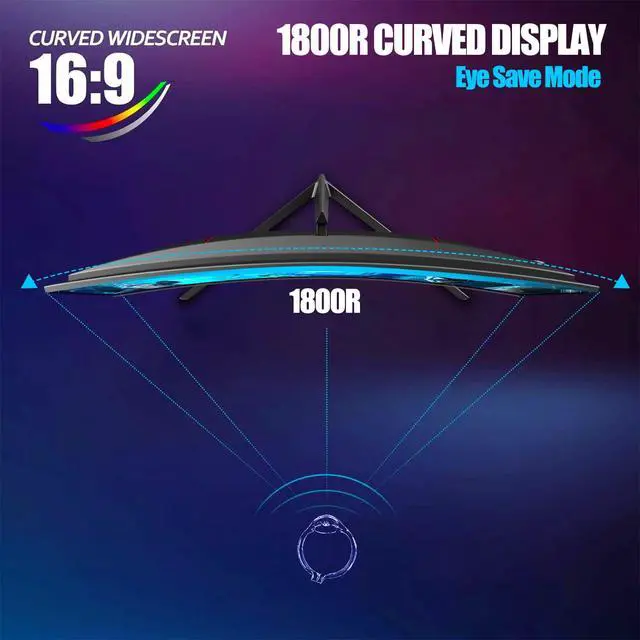 Alt view image 5 of 5 - Gawfolk 27 Inch Gaming Curved Monitor, 180Hz QHD 2560x1440p PC Monitor with AMD FreeSync, Flicker-Free, HDMI 2.0, DP 1.4, Ultra-Thin Frameless 2K Computer Screen