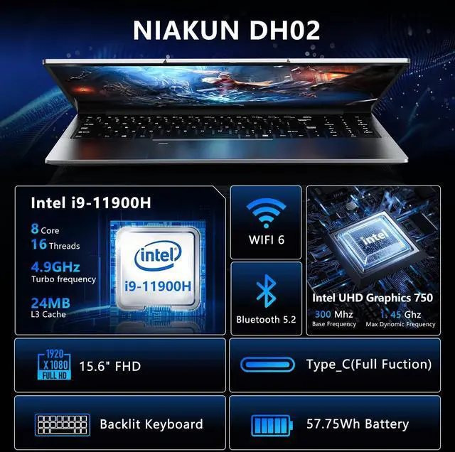 Alt view image 2 of 5 - NIAKUN 15.6 Inch Laptop Computer,Gaming Laptop,32GB RAM 1TB SSD,i9-11900H 8C/16T Processor(up to 4.9Ghz),UHD Graphics,15.6 FHD 1920 * 1080 Display,WiFi 6,BT5.2,Backlit Keyboard