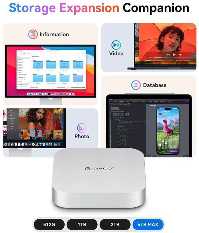 Alt view image 3 of 5 - ORICO MiniMate Pro+ 40Gbps Mac mini M4 Docking Stand & Hub with Built-in 4TB NVMe SSD (Non-Removable) Mac mini M4 and M4 Pro 2025, Aluminum USB4 Dock, 3.5mm Audio I/O, 2×USB-A, Compatible with USB4