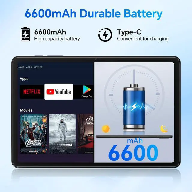 Alt view image 4 of 5 - Blackview Tablet 10 inch Android 15,2025 AI Tablet, 4GB RAM 64GB ROM 1TB Expandable, Quad-Core, Widevine L1, 1280x800 IPS Touchscreen, 5G WiFi, BT 5.0, Dual Camera, 6600mAh (Blue)