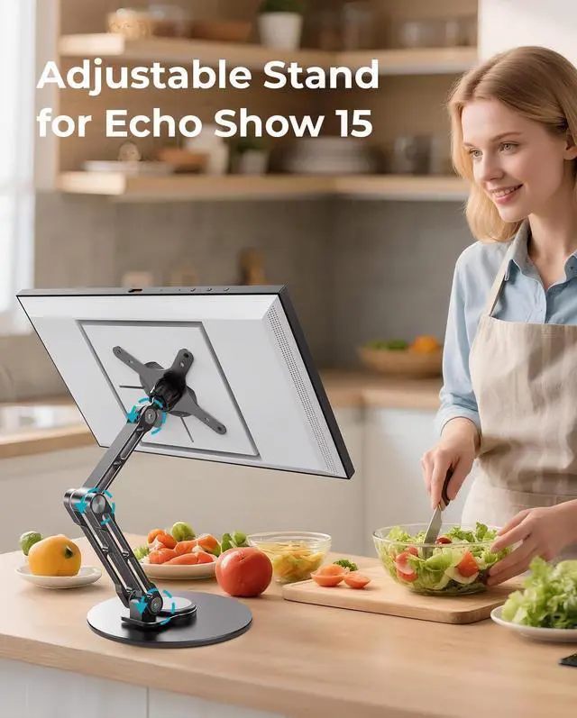 Alt view image 2 of 5 - Jcnewpop Echo Show 15 Stand with VESA Mount, Aluminum Stand with 360° Rotation, Adjustable Height and Angle for Landscape/Portrait Screen - Black