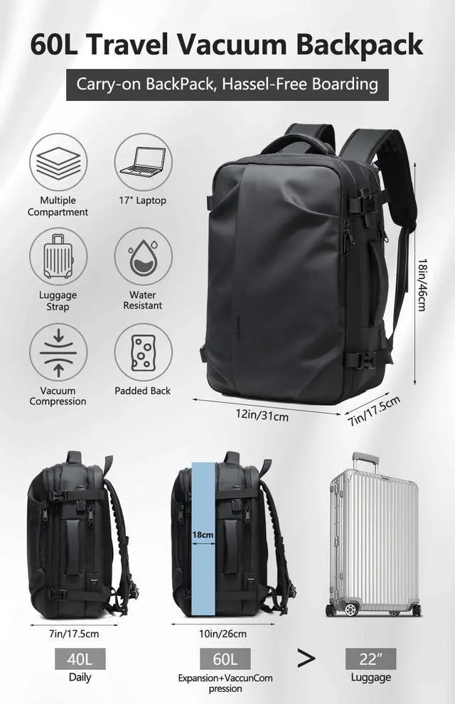 Alt view image 5 of 5 - Cusangel vacuum backpack travel with pump compression,18in vac travel 45L expandable 60L capacity laptop,multiple pockets Flight Carry-On XL (Casual Vac-backpack)