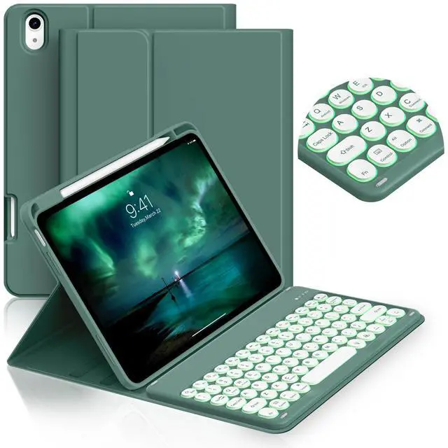 Main image of JKSML for iPad (A16) 11th/10th Gen case with Keyboard, Round Key, 7 Color Backlit, Detachable Wireless Keyboard, Stand Folio Cover with Side Pen Holder for iPad 10.9" (2022)/ 11" (2025) - Green