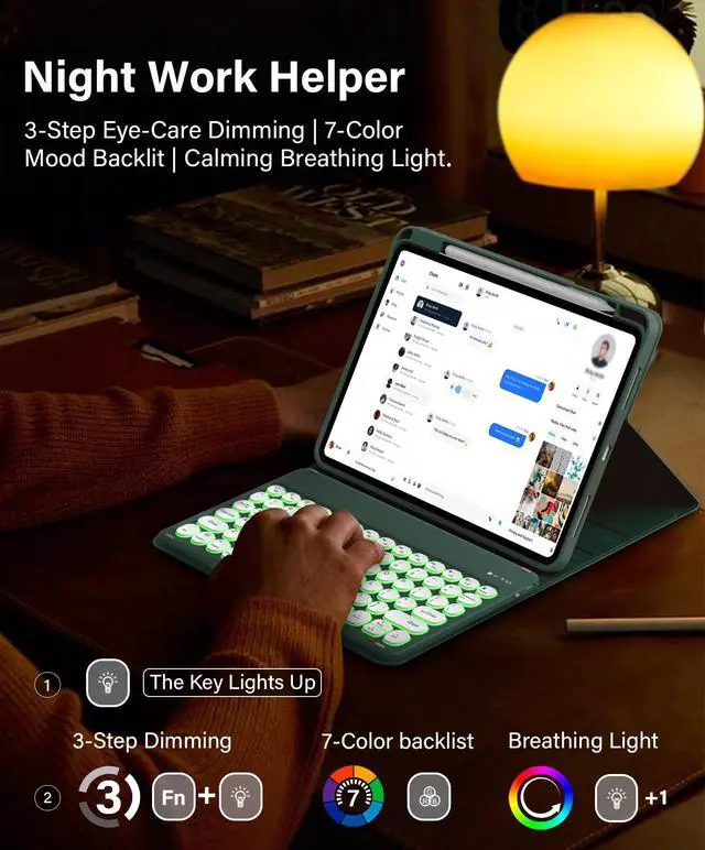 Alt view image 4 of 5 - JKSML for iPad (A16) 11th/10th Gen case with Keyboard, Round Key, 7 Color Backlit, Detachable Wireless Keyboard, Stand Folio Cover with Side Pen Holder for iPad 10.9" (2022)/ 11" (2025) - Green