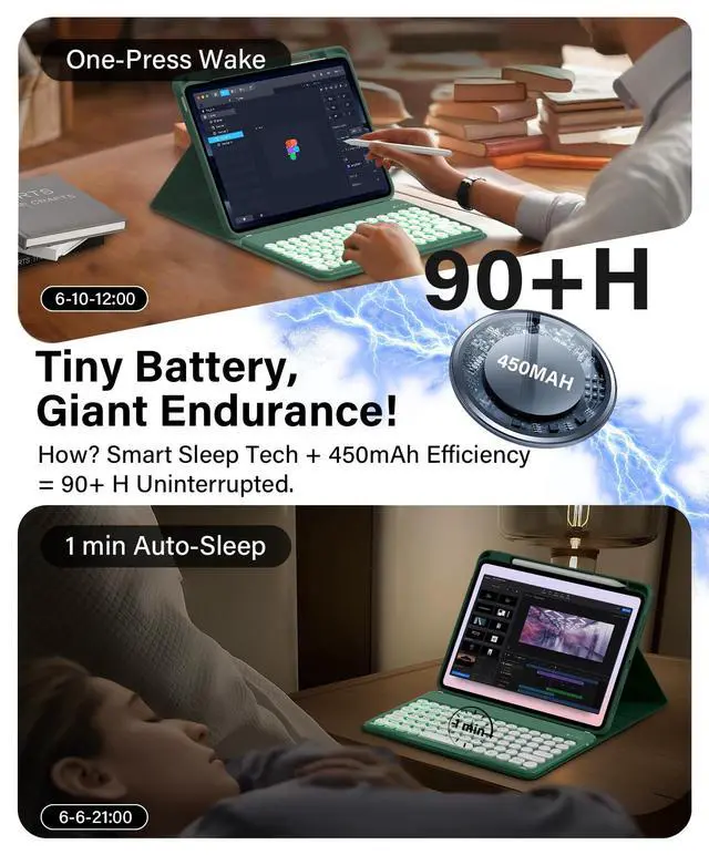 Alt view image 5 of 5 - JKSML for iPad (A16) 11th/10th Gen case with Keyboard, Round Key, 7 Color Backlit, Detachable Wireless Keyboard, Stand Folio Cover with Side Pen Holder for iPad 10.9" (2022)/ 11" (2025) - Green