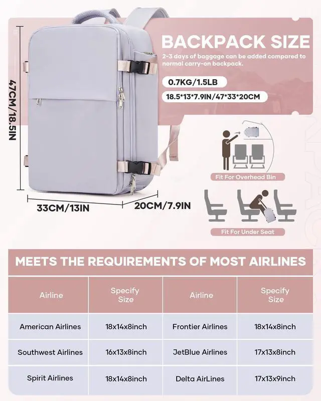 Alt view image 2 of 5 - WEPLAN Vacuum Backpack Travel with Pump,Compression Vacpack Backpack With Shoe Compartment, 18.5x13x7.9IN Personal Item Travel Bag,Airline Approved Carry on Luggage(Light Purple)