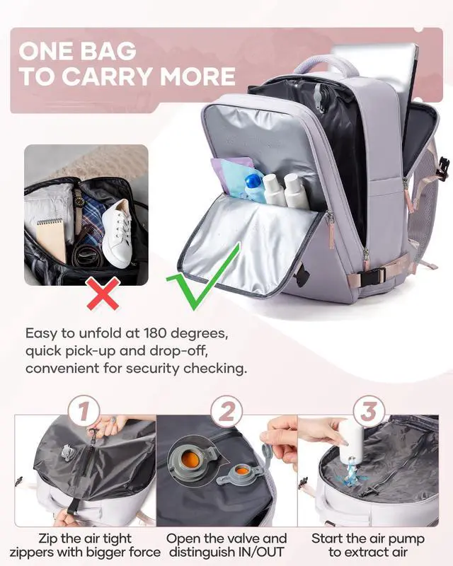 Alt view image 4 of 5 - WEPLAN Vacuum Backpack Travel with Pump,Compression Vacpack Backpack With Shoe Compartment, 18.5x13x7.9IN Personal Item Travel Bag,Airline Approved Carry on Luggage(Light Purple)