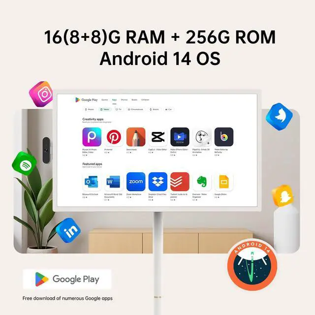 Alt view image 3 of 5 - ApoloSign 32 inch UHD 4K Smart Portable TV Gen2, 16G +256G Storage, Android 14 OS, 15000mAh, Rolling TV on Wheels with Rotatable Touch Screen, Built-in Battery, Full Swivel Rotation, Voice Remote