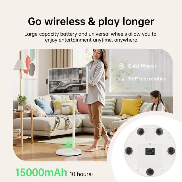 Alt view image 5 of 5 - ApoloSign 32 inch UHD 4K Smart Portable TV Gen2, 16G +256G Storage, Android 14 OS, 15000mAh, Rolling TV on Wheels with Rotatable Touch Screen, Built-in Battery, Full Swivel Rotation, Voice Remote