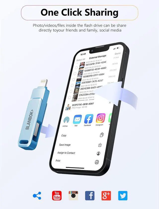 Alt view image 4 of 5 - MFi Certified 256GB Photo Stick for iPhone Flash Drive,USB Memory Stick Thumb Drives High Speed USB Stick External Storage Compatible for iPhone/iPad/Android/PC (Blue)