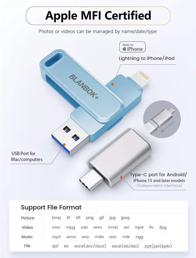 Alt view image 2 of 5 - MFi Certified 256GB Photo Stick for iPhone Flash Drive,USB Memory Stick Thumb Drives High Speed USB Stick External Storage Compatible for iPhone/iPad/Android/PC (Blue)