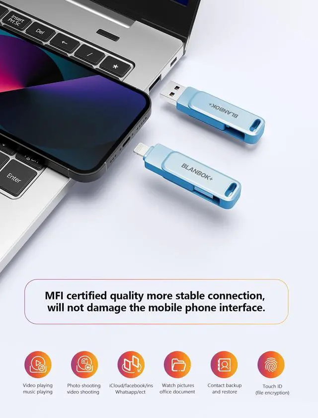 Alt view image 5 of 5 - MFi Certified 256GB Photo Stick for iPhone Flash Drive,USB Memory Stick Thumb Drives High Speed USB Stick External Storage Compatible for iPhone/iPad/Android/PC (Blue)