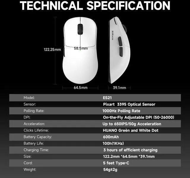 Alt view image 3 of 5 - RAWM ES21 Wireless Gaming Mouse, 54g Ultra-Lightweight, PAW 3395 Optical Sensor with 26000 DPI, 6 Programmable Buttons, Gaming Mice for PC/Laptop/Mac