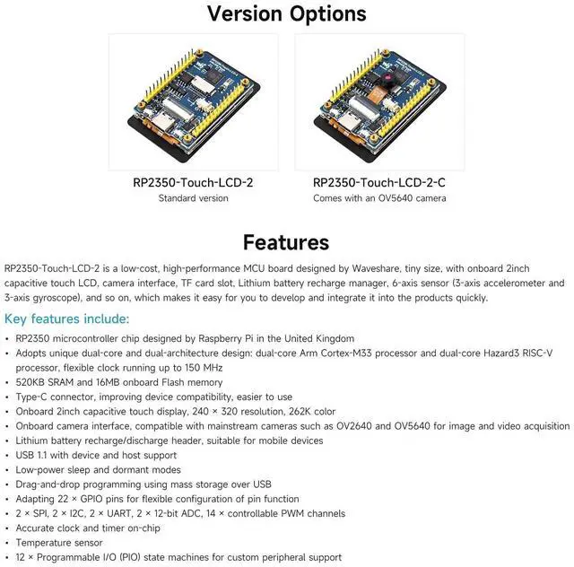 Alt view image 4 of 5 - Waveshare RP2350 2inch Capacitive Touch Display Development Board,240×320 Pixels, IPS Panel, 262K Color, Onboard Camera Interface