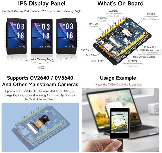 Alt view image 5 of 5 - Waveshare RP2350 2inch Capacitive Touch Display Development Board,240×320 Pixels, IPS Panel, 262K Color, Onboard Camera Interface