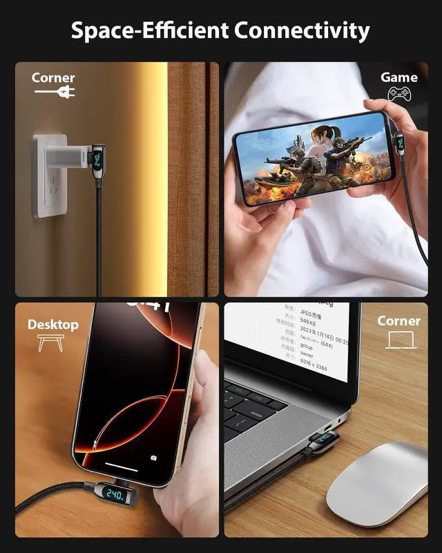 Alt view image 5 of 5 - VisionSync 240W Right Angle USB C to USB C Cable [10ft/2Pack],Nylon Braided Type C Fast Charging Cable with LED Display for lPhone 16/15 Pro Max, Galaxy S25/S24 Ultra, MacBook, Laptop,Black