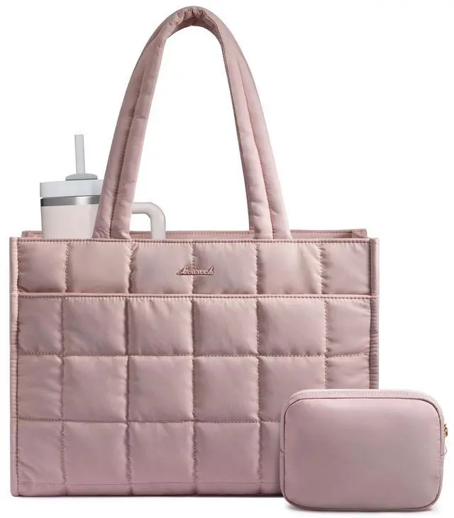 Main image of LOVEVOOK Tote Bag for Women, Puffer Work Handbag 15.6 Inch Laptop Purse for Nurse Teacher, Large Quilted Travel Tote Shoulder Bag with Zipper for College Office Clinical Gym, Pink