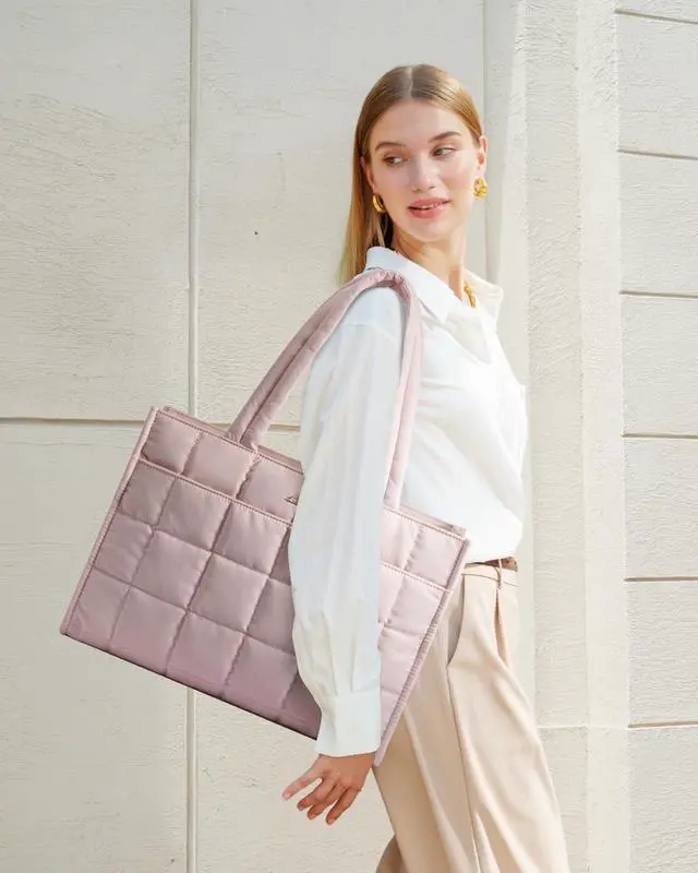 Alt view image 2 of 5 - LOVEVOOK Tote Bag for Women, Puffer Work Handbag 15.6 Inch Laptop Purse for Nurse Teacher, Large Quilted Travel Tote Shoulder Bag with Zipper for College Office Clinical Gym, Pink