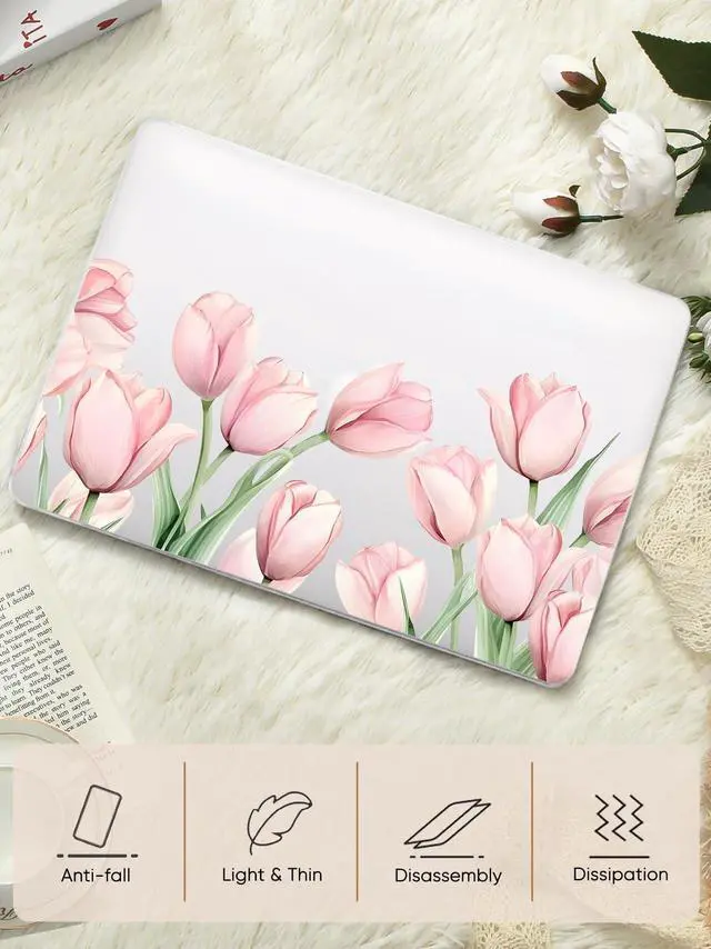 Alt view image 2 of 5 - Seorsok Compatible with MacBook Air 13 Inch Case 2022 2021 2020-2018 Release A1932 A2179 M1 A2337,Elegant Pink Blooming Tulip Flower Plastic Hard Case with Transparent Keyboard Cover,Crystal Clear