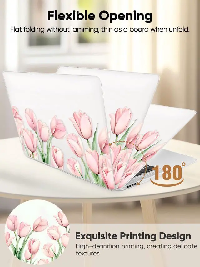 Alt view image 4 of 5 - Seorsok Compatible with MacBook Air 13 Inch Case 2022 2021 2020-2018 Release A1932 A2179 M1 A2337,Elegant Pink Blooming Tulip Flower Plastic Hard Case with Transparent Keyboard Cover,Crystal Clear