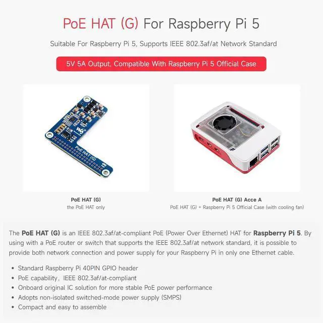 Alt view image 3 of 5 - Waveshare 2PCS PoE HAT (G), Compatible with Raspberry Pi 5, 5V 5A Output, Stable Performance, Supports 802.3af/at Network Standard, Power Over Ethernet HAT (G), Suitable for RPi 5 Official Case