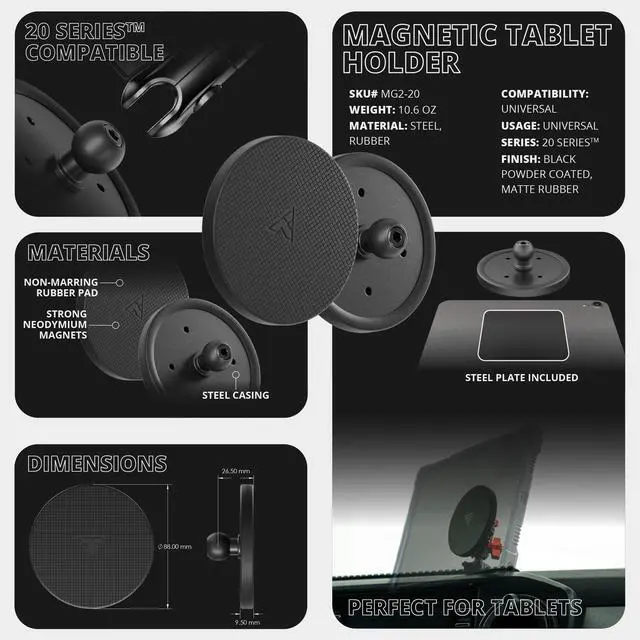Alt view image 3 of 3 - Tackform 3.5" Magnetic Tablet Holder with 20mm Ball | All-Metal | Powder Coated Steel with 10 Neodymium Magnets and Non-Marring Rubber Pad | NOT Compatible with 1" / 25.4mm / B Sized Systems