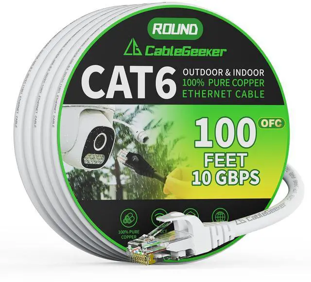 Main image of Cat 6 Ethernet Cable 100 ft, Indoor&Outdoor, High Speed 10Gbps 24AWG Pure Copper Internet Network Cable, Pure Copper Ethernet Patch Cable Long, PoE Computer LAN Cable for Router, Modem, PS5/4, White