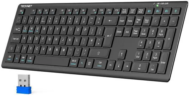 Main image of TECKNET Bluetooth Keyboard Rechargeable, 4-Device Free Switching (2.4G+BT), Ultra-Slim Full Size Wireless Keyboard, Quiet Typing, for PC/Laptop/Smart TV/Phone, Adjustable Stand, 12 Multimedia Keys