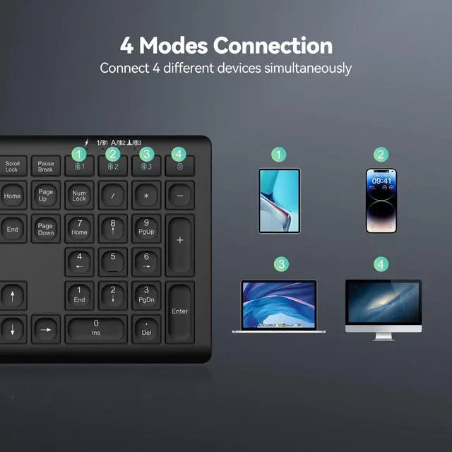 Alt view image 2 of 5 - TECKNET Bluetooth Keyboard Rechargeable, 4-Device Free Switching (2.4G+BT), Ultra-Slim Full Size Wireless Keyboard, Quiet Typing, for PC/Laptop/Smart TV/Phone, Adjustable Stand, 12 Multimedia Keys