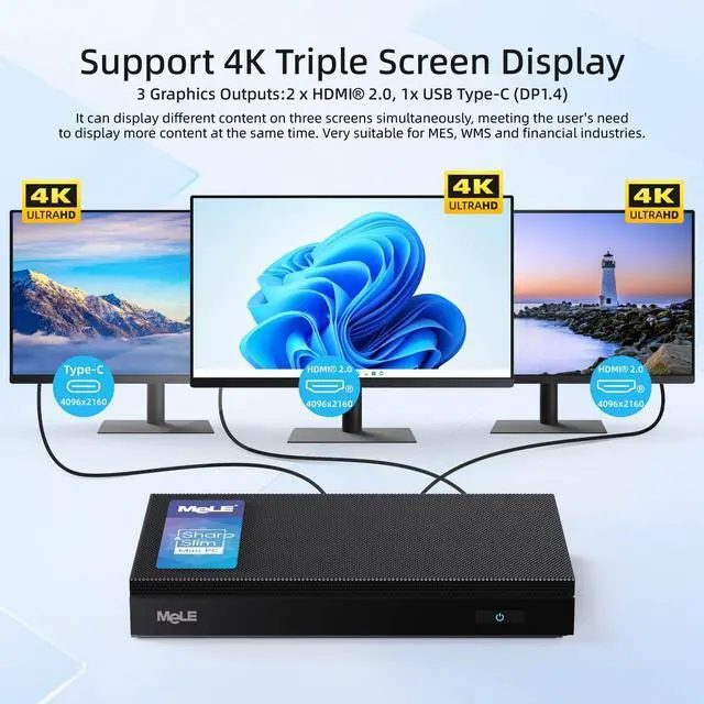 Alt view image 4 of 5 - MeLE Mini PC N150 (up to 3.6GHz) Quieter 4C Fanless Small Computers 8GB LPDDR5 128GB, Support 2X HDMI + USB-C Triple Display WiFi 5 BT 5.1 Gigabit Ethernet, on Digital Signage, MES, WMS, IoT, Office